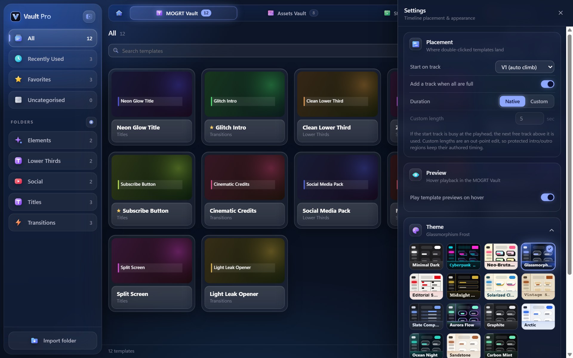 Theme picker with 15 panel themes